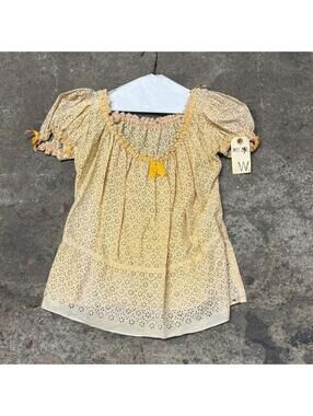 Vintage Film Costume 40s 50s Does Victorian Antique Style Yellow Eyelet Blouse S
